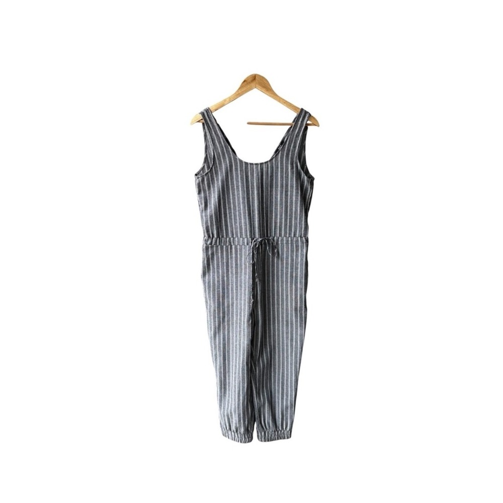 Drew Jumpsuit Jogger Pants Tank Gray White Striped Sleeveless Drawstring Small